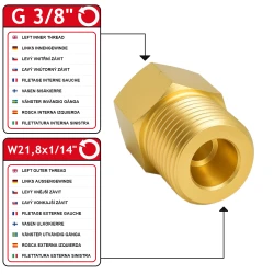 Adaptador de botella GZ 21,8x1/14 LH / 3/8″ LH para bombonas de camping y sopletes para techos